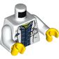 Torso Lab Coat with Pockets and ID Badge over Plaid Shirt and Lime Top / 'AC RESEARCH' on Back Print, White Arms, Yellow Hands