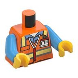 Torso Safety Vest with Reflective Stripes over Medium Blue Shirt, ID Badge, Red Pen around Neck Print, Medium Blue Arms, Yellow Hands