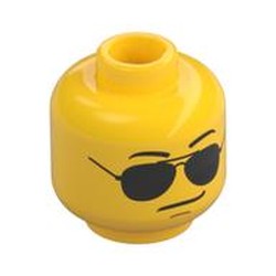 Minifig Head, Black and Silver Sunglasses, Chin Dimple, Grim Mouth Print