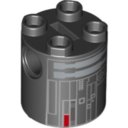 Brick Round 2 x 2 x 2 Robot Body, Axle Holder '+' Orientation with Grey, Silver, and Red Imperial Astromech Droid Print
