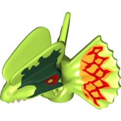 Animal Body Part, Dinosaur, Dilophosaurus Head with Dark Green and Red Around Eyes and Red and Orange on Frill Print