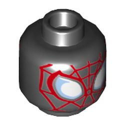 Minifig Head Spider-Man (Miles Morales), Large White and Bright Light Blue Eyes, Red Web Print