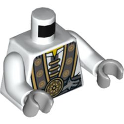 Torso Robe with Gray and Gold Trim, Silver Dragons and Gold Flower Symbols Print, White Arms, Light Bluish Gray Hands