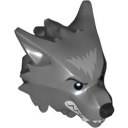 Minifig Head Special, Werewolf with Smooth Hair and Brow with Black Nose, White Teeth and Fangs and Gray Fur Print