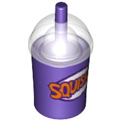 Equipment Cup and Straw with Trans Clear Dome Lid and Dark Purple and Orange 'SQUISHEE' Print