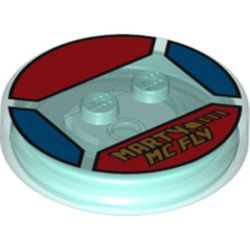 Function Brick Round 4 x 4 x 2/3 with 2 Studs and Yellow 'MARTY MC FLY' Print