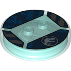 Function Brick Round 4 x 4 x 2/3 with 2 Studs and Jurassic World Symbol and Blue Hexagons Print