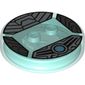 Function Brick Round 4 x 4 x 2/3 with 2 Studs and Silver Armor with Scales and Blue Circle print
