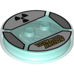 Function Brick Round 4 x 4 x 2/3 with 2 Studs and Gold 'DOC BROWN' and Black Radioactive Symbol print