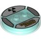Function Brick Round 4 x 4 x 2/3 with 2 Studs and Gold 'DOC BROWN' and Black Radioactive Symbol print