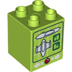 Duplo Brick 2 x 2 x 2 with Computer Screen with Spaceship and White Arrows and Red Button Print