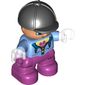 Duplo Figure Child with Riding Helmet Black, with Medium Blue Jacket over Shirt with Flower Print - Dark Pink Legs