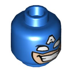 Minifig Head Captain America, White Eye and 'A' on Forehead, Wide Grin with Teeth Print [Hollow Stud]
