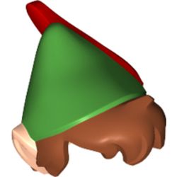 Hair and Hat with Pointed Ears, Dark Orange Messy Hair, Green Pointed Hat with Red Feather Print (Peter Pan)