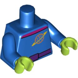 Torso Space Suit, Dark Purple Belt, Magenta Collar, Planet with Ring Logo Print, Blue Arms, Lime Hands