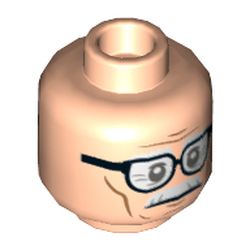 Minifig Head Alfred Pennyworth, Dual Sided Glasses, White Moustache, Wrinkles, Cheek Lines, Smile / Frown Print [Hollow Stud]