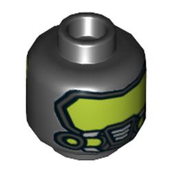 Minifig Head Batman, Dual Sided, Lime Stripe on Forehead and Cheek Lines / Gas Mask and Lime Goggles Print [Hollow Stud]