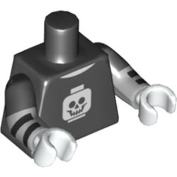Torso, Dual Molded Arms, Shirt with White Minifig Head Skull Print, Black Sleeves Pattern, Light Bluish Gray Arms with Black Stripes Print, White Hands