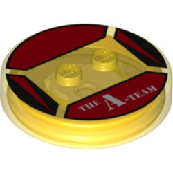 Function Brick Round 4 x 4 x 2/3 with 2 Studs and Red Triangles and 'THE A-TEAM' print