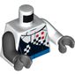 Torso, Odd Arms, Racing Jacket with Checkered Print, Left White Arm, Right Black Arm, Dark Bluish Gray Hands