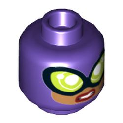 Minifig Head Catwoman, Balaclava, Large Lime Goggles, Medium Nougat Face, Smile / Sneer Print