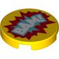 Tile Round 2 x 2 with Bottom Stud Holder with White 'BAM!' over Medium Azure and Red Text Bubbles Print