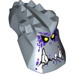 Minifig Head Special with Spikes on Top and Holes on Sides, with Two Jagged White Teeth, Yellow Eyes and Dark Purple Spots Print (Grimroc)