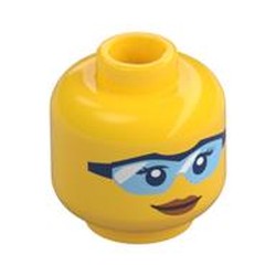 Minifig Head Peach, Glasses Light Blue with Black Frame, Peach Lips, Closed Mouth Smile Print
