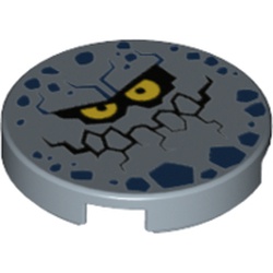 Tile Round 2 x 2 with Bottom Stud Holder with Rock Creature Face with Jagged Grin, Dark Blue Spots and Yellow Eyes Print