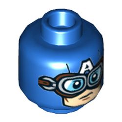 Minifig Head Captain America, 'A' on Forehead, Dark Brown and Gold Goggles, Light Nougat Face Print