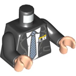 Torso Suit with Pockets and Buttons over White Shirt with Collar, Gray Striped Tie and ID Badge / Crease Line and Collar on Back Print, Black Arms, Light Nougat Hands