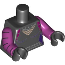 Torso Jumpsuit with Fishnet Inset and Silver Studded Collar and Belt with Buckle / Outline and Belt on Back Print, Magenta Arms with Black Stripes, Black Hands