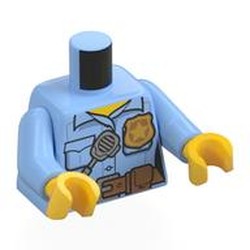Torso Bright Light Blue Shirt, Police Badge, Radio, Dark Tan Belt, Pocket Print, Bright Light Blue Arms, Yellow Hands