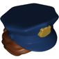Hair and Hat, Bun, Police with Dark Blue Top with Gold Badge and Reddish Brown Hair Print