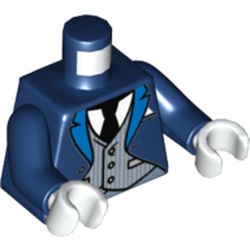 Torso Tuxedo Coat with Blue Lapels over Light Bluish Gray Pinstripe Vest, Black Tie Print (Alfred Pennyworth), Dark Blue Arms, White Hands