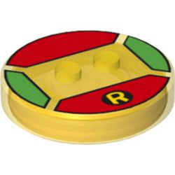 Function Brick Round 4 x 4 x 2/3 with 2 Studs and Yellow 'R' Logo on Red Background Print