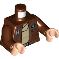 Torso Open Jacket with Pockets and Badges over Belt and Tan Shirt / Seam Lines and Tabbed Waistband in Back Print, Reddish Brown Arms, Light Nougat Hands