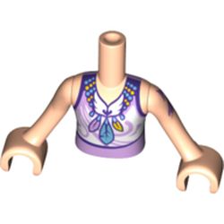 Minidoll Torso Girl with Top with Lavender Filigree on White Fabric Inset, and Feather Necklace Print, Light Nougat Arms and Hands with Tattoo on Left Arm