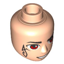 Minidoll Head Male with Thin Black Eyebrows and Red Eyes, Black Elves Tattoo on Right Cheek, Open Mouth Smirk Print