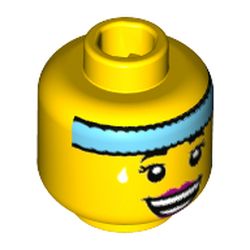 Minifig Head Dance Instructor, Dark Azure Headband, White Sweat Drops, Open Smile with Magenta Lips Print [Hollow Stud]