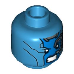 Minifig Head Nebula, Dual Sided, Blue Face, Mechanical Left Eye, Angry Expression and Silver Stripes on Back Print [Hollow Stud]