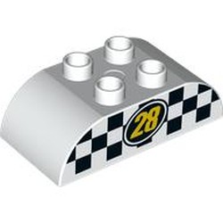 Duplo Brick 2 x 4 Curved Top with Yellow '28' with Black and White Checkered Print