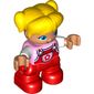 Duplo Figure Child with Ponytails and Bangs Yellow, with Red Coveralls with Star on Pocket over Striped Top with White Sleeves Print - Nougat Face and Hands - Red Legs