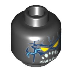 Minifig Head General Garg, Yellow Triangular Eyes, Blue Lightning on Front and Back, Pointed White Teeth Print [Hollow Stud]
