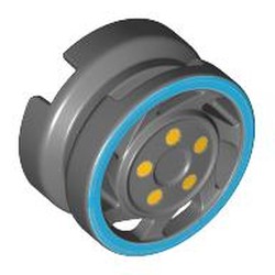 Wheel 11mm D. x 6mm with 7 Slanted Spokes with Blue Rim Edge and Yellow Bolts Print