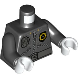 Torso Jacket with 3 Zippers, Minifig Head Police Badge, Radio and Belt Print, Black Arms, White Hands