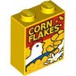 Brick 1 x 2 x 2 with Inside Stud Holder with Cereal Box with Chicken and 'CORN FLAKES' Print