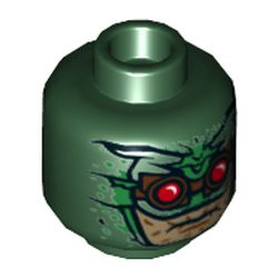 Minifig Head Parademon, Helmet, Green Details, Brown Goggles with Red Lenses, Light Nougat Face Print [Hollow Stud]