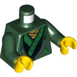 Torso Hoodie with Bright Green Pocket Trim and Ties and Gray Zipper over Robe with Asian Characters on Bright Green Trim Print, Dark Green Arms, Yellow Hands