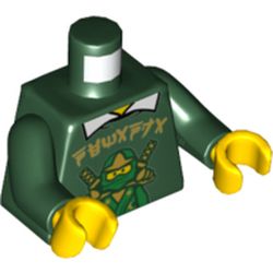 Torso Sweater, Green Ninja and Gold Asian Characters and White Shirt Collar Print, Dark Green Arms, Yellow Hands